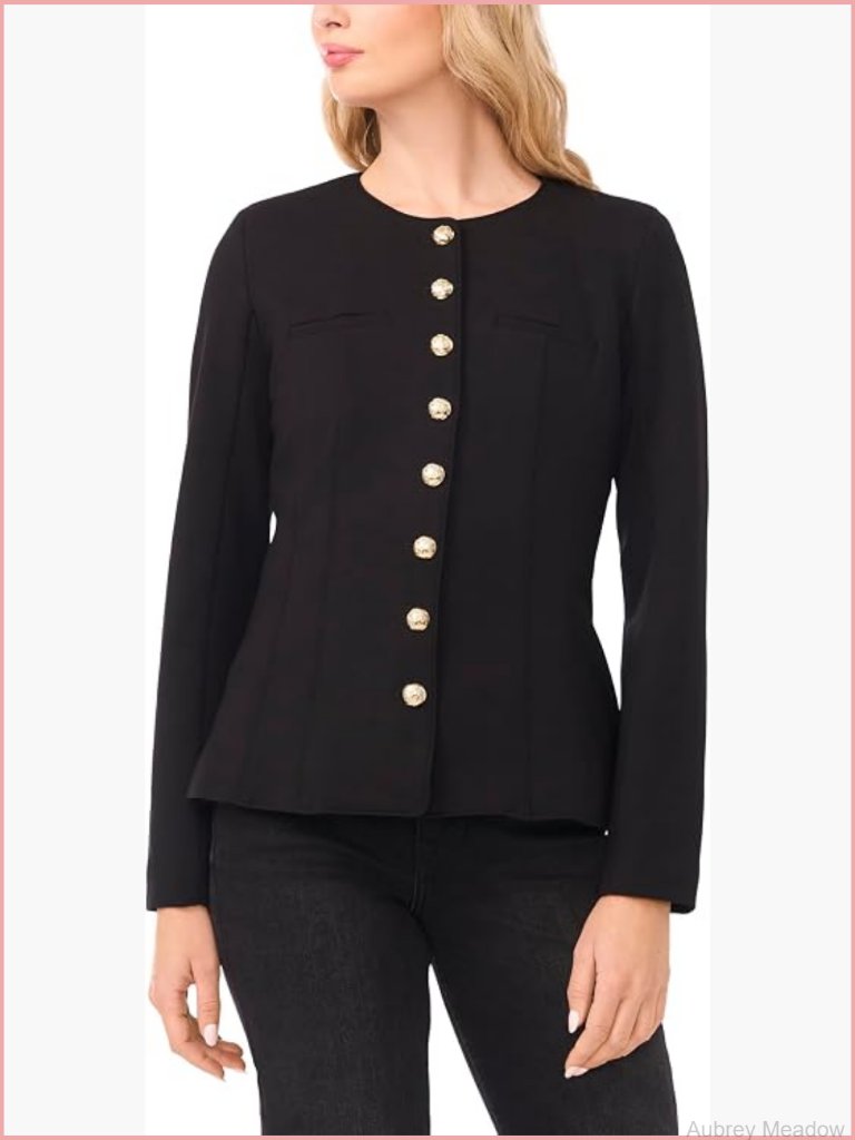 Long Sleeve Shaped Button Down Jacket - Ponte Fabric Tailored Fit